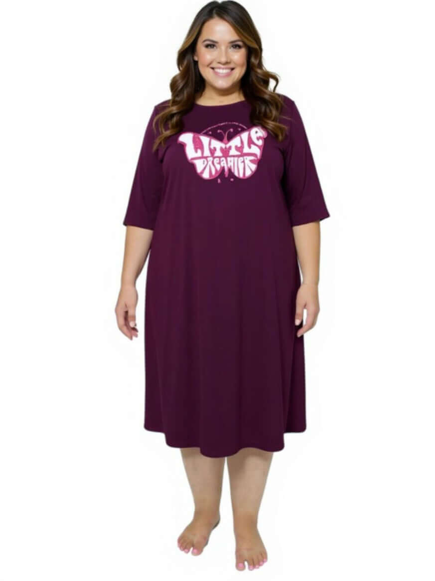 Plus size women’s Little Dreamer Nightie in wine color with bold graphic design and ¾ sleeves by Dale and Waters.