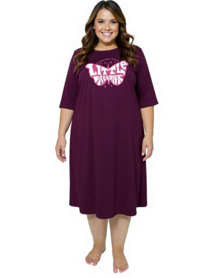 Plus size women’s Little Dreamer Nightie in wine color with bold graphic design and ¾ sleeves by Dale and Waters.