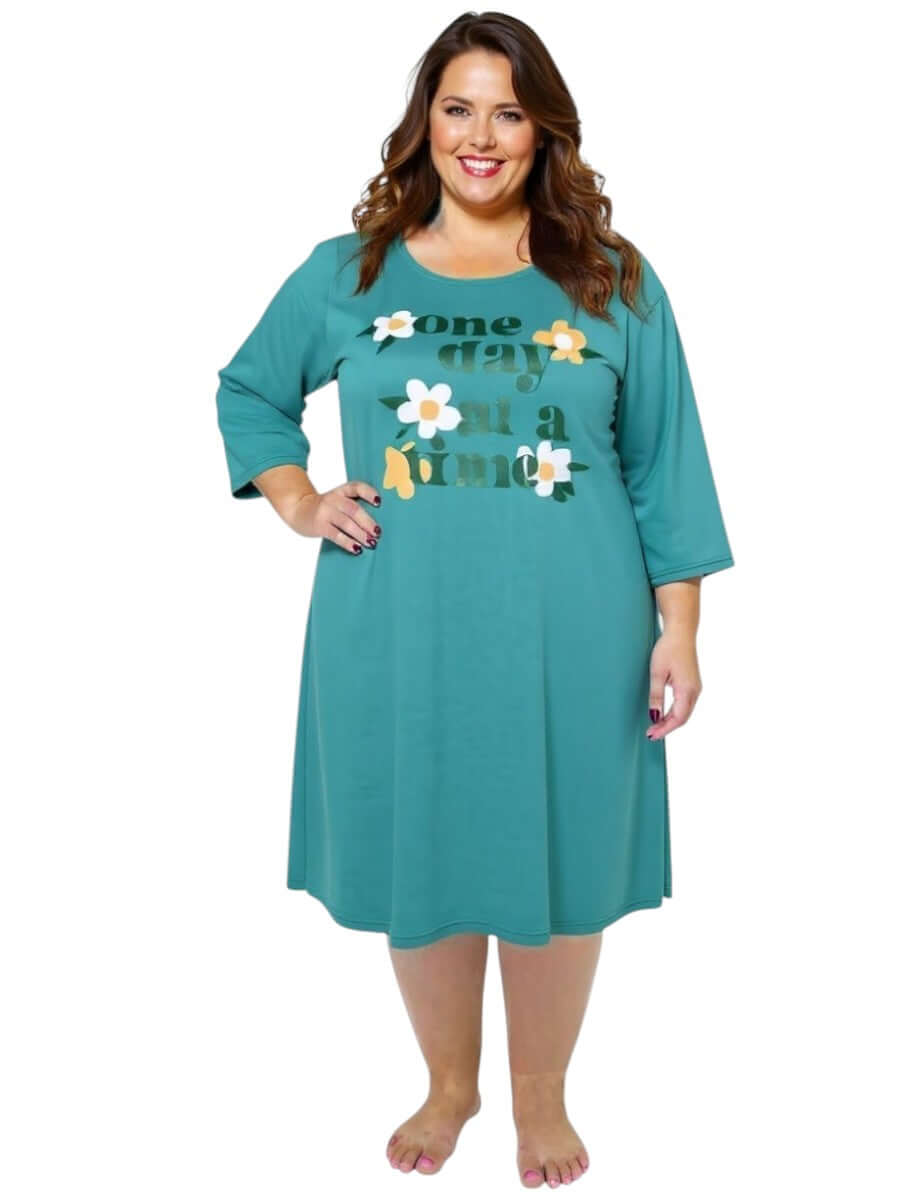 Women’s Plus Size One day at a Time Nightie - Teal by Dale and Waters, featuring a round neckline and ¾ sleeves.