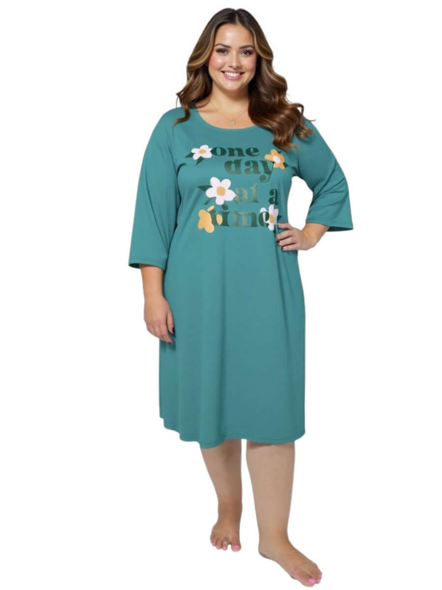 Women’s Plus Size One day at a Time Nightie in Teal by Dale and Waters, featuring a round neckline and ¾ sleeves.