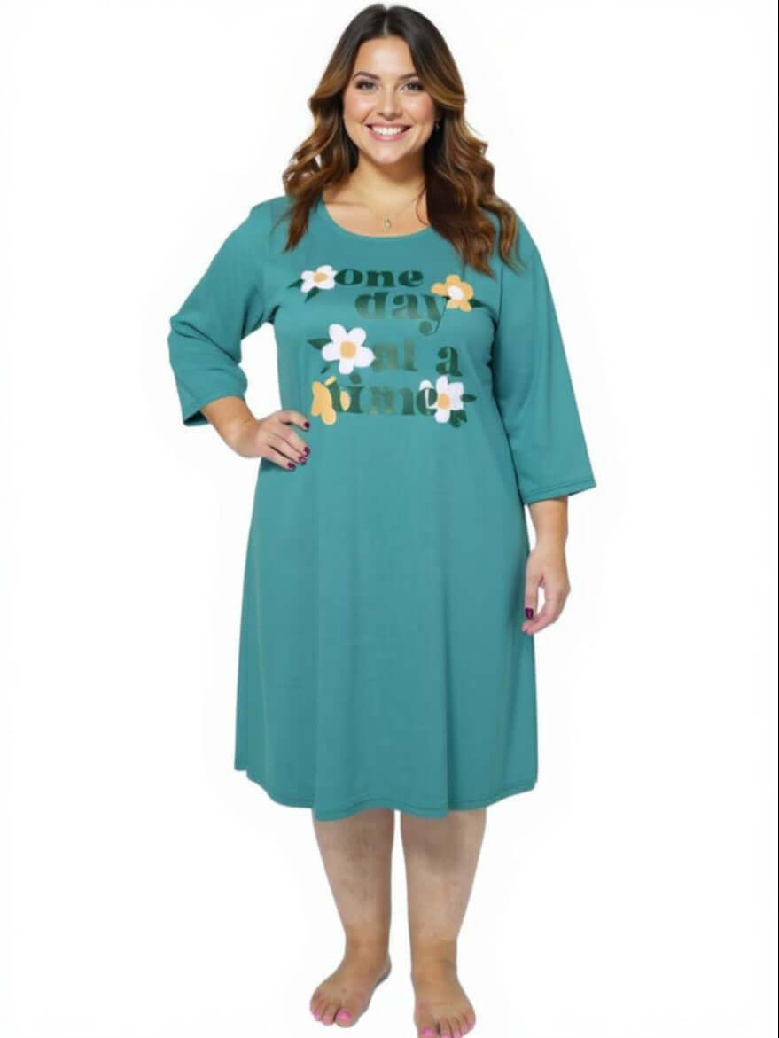 Women’s Plus Size One day at a Time Nightie - Teal by Dale and Waters, featuring round neckline and floral graphic design.