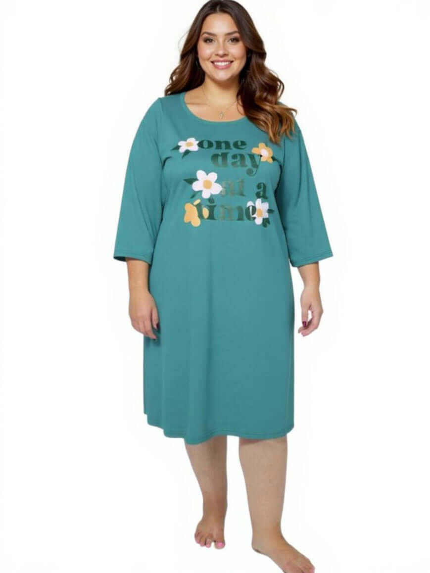 Women’s Plus Size One Day at a Time Nightie in Teal by Dale and Waters, featuring a round neckline and ¾ sleeves.