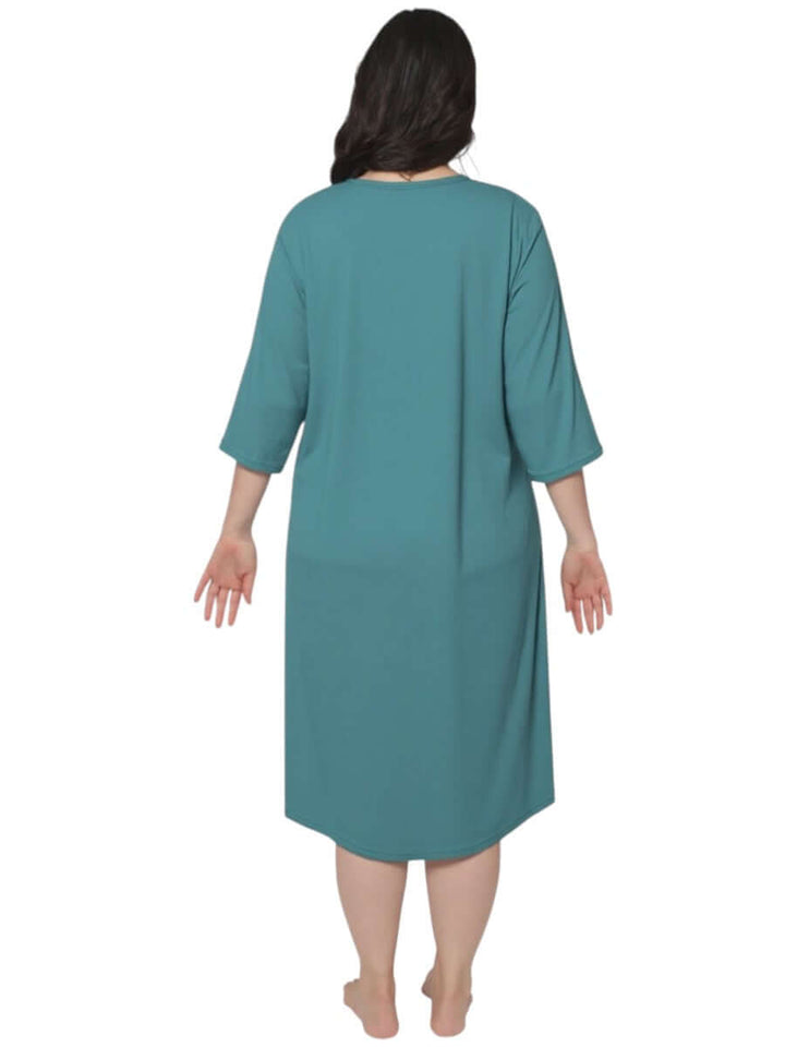 Back view of women's plus size One Day at a Time Nightie in teal by Dale and Waters, featuring 3/4 sleeves.