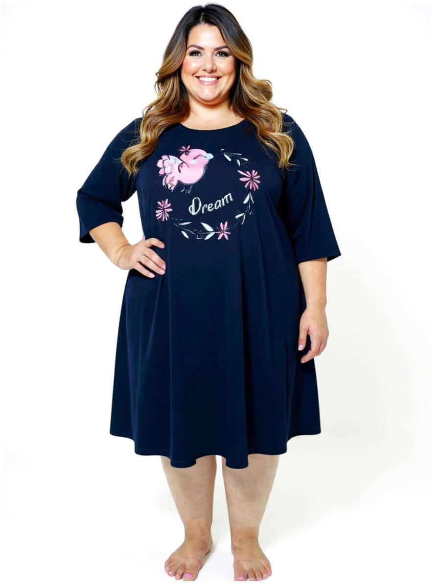 Women’s Plus Dreams Nightie - Navy by Dale and Waters, featuring round neckline and ¾ sleeves, bold graphic print.