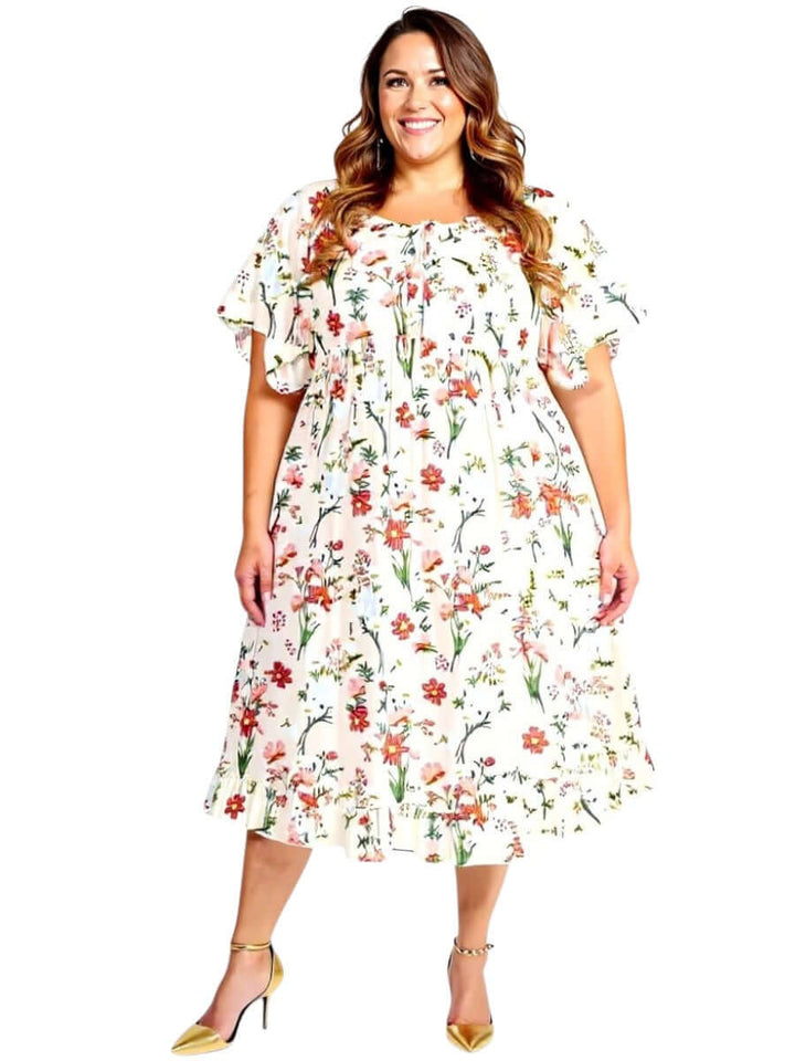 Women’s Plus Size Trinity Dress – Apricot Print by Dale and Waters, featuring floral design and short sleeves.