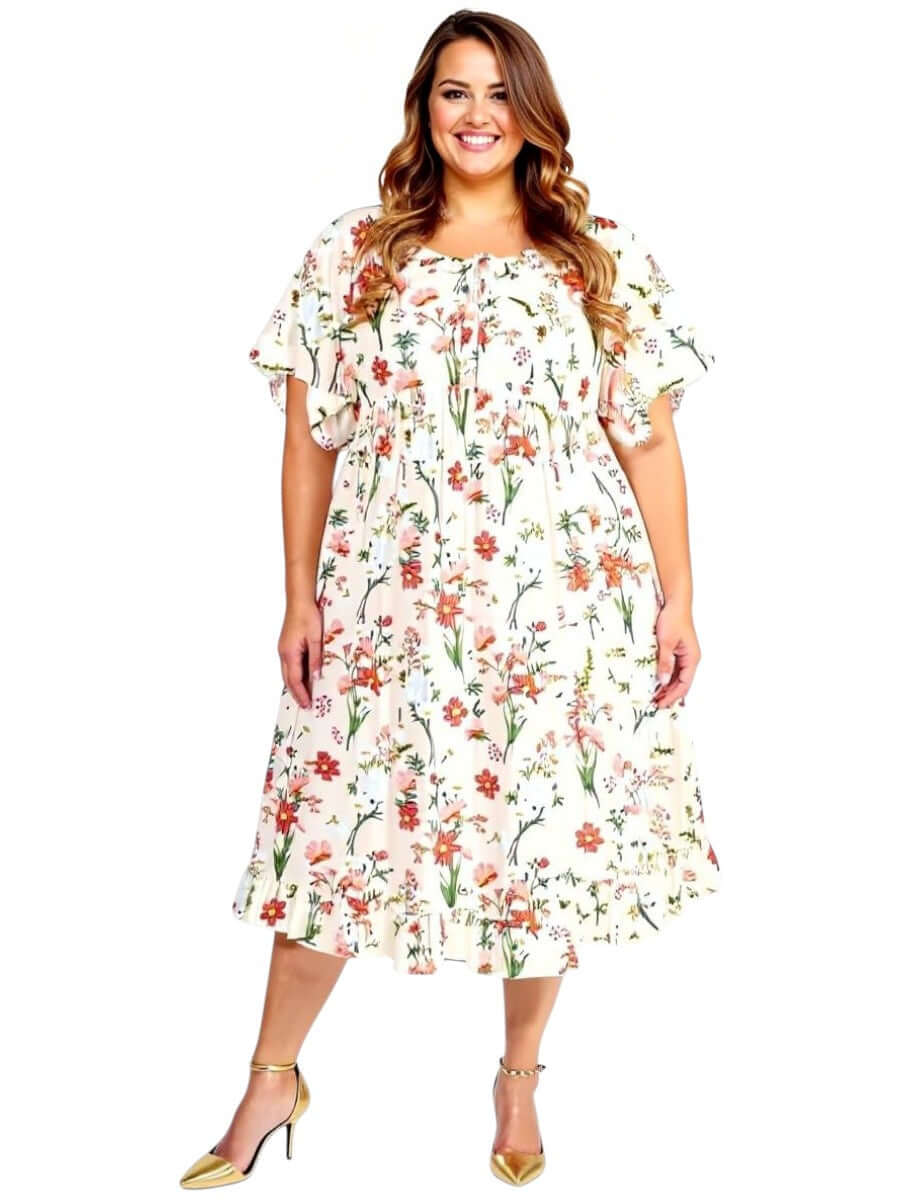 Women’s Plus Size Trinity Dress - Apricot Print by Dale and Waters, featuring floral design and flowing silhouette.