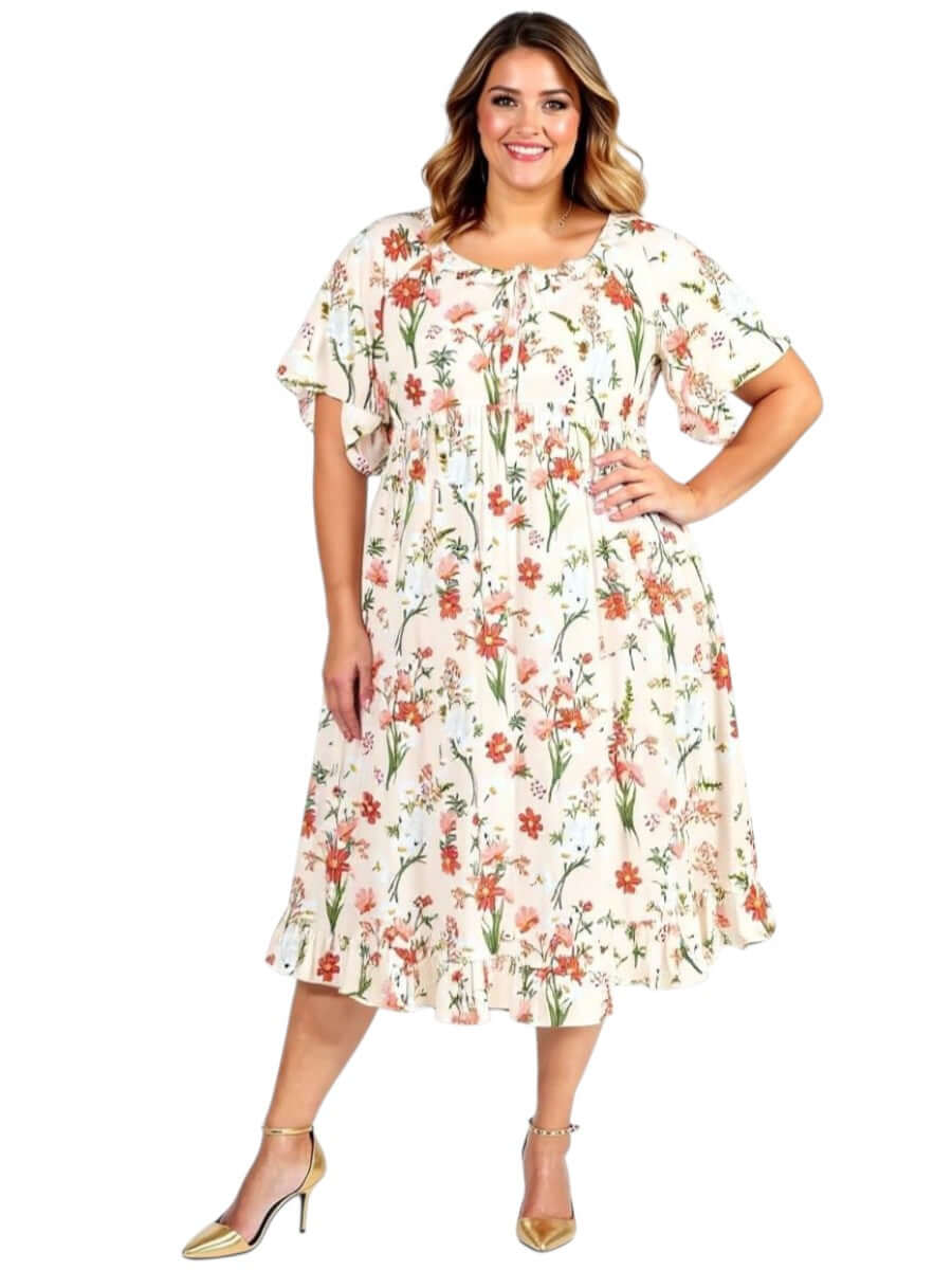 Dale and Waters Women’s Plus Size Trinity Dress in Apricot Print, featuring floral design and relaxed fit.