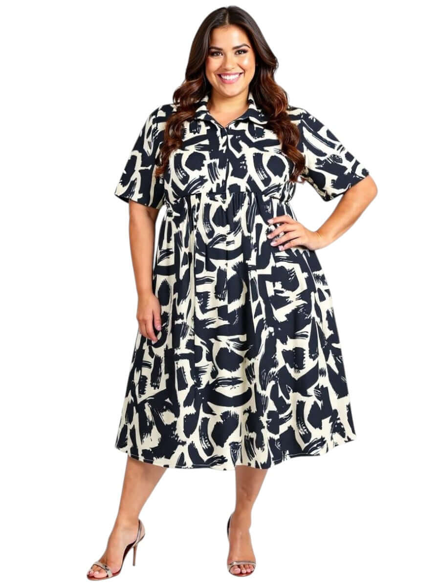 Women’s Plus Size Johanna Dress in Black and Cream Print by Dale and Waters, featuring 3/4 sleeves and a collared design.