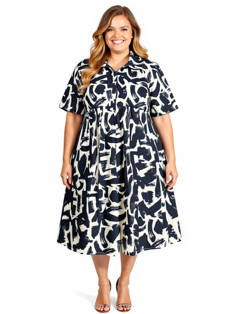 Women’s Plus Size Johanna Dress in Black and Cream Print, featuring 3/4 sleeves and a collared design by Dale and Waters.