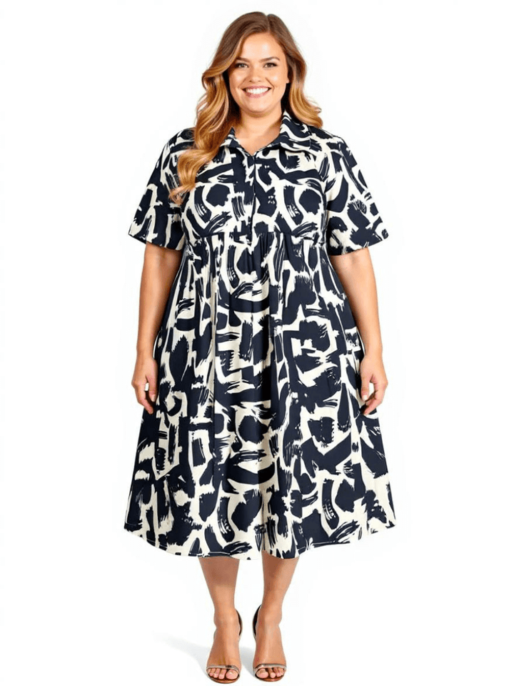 Women’s Plus Size Johanna Dress in Black and Cream Print, featuring 3/4 sleeves and a collared design by Dale and Waters.
