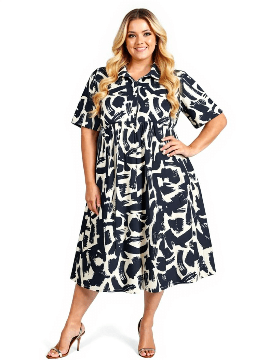 Women’s Plus Size Johanna Dress in Black and Cream Print, featuring collared design and flowing sleeves.