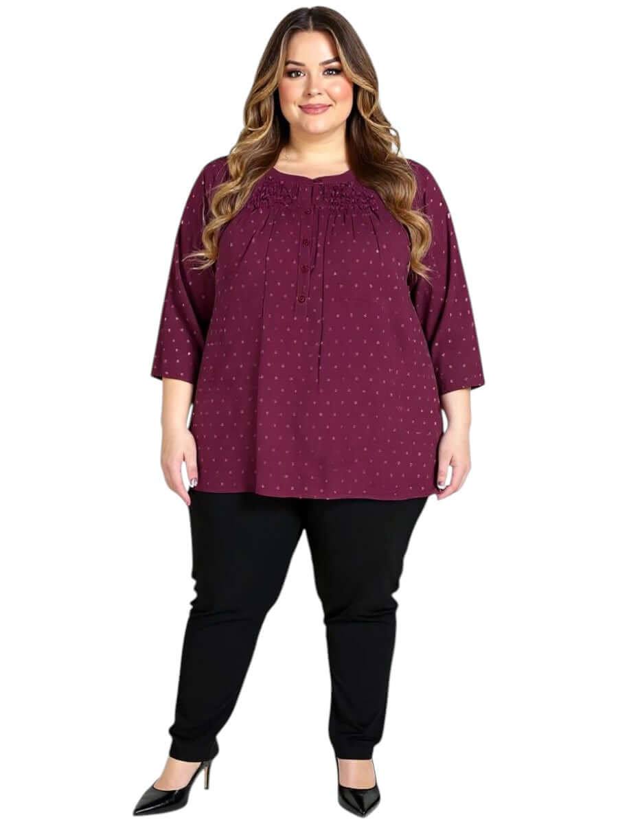 Women’s Plus Size Naya Top in Wine by Dale and Waters, featuring textured front and three-quarter sleeves.