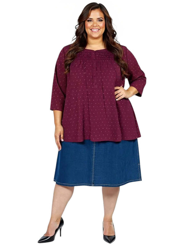 Plus size women's Naya Top in wine, featuring elegant design and texture, by Dale and Waters.