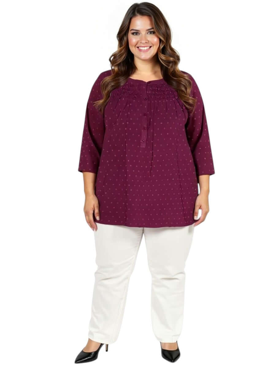 Plus size women's Naya Top in wine from Dale and Waters, featuring textured front and three-quarter sleeves.