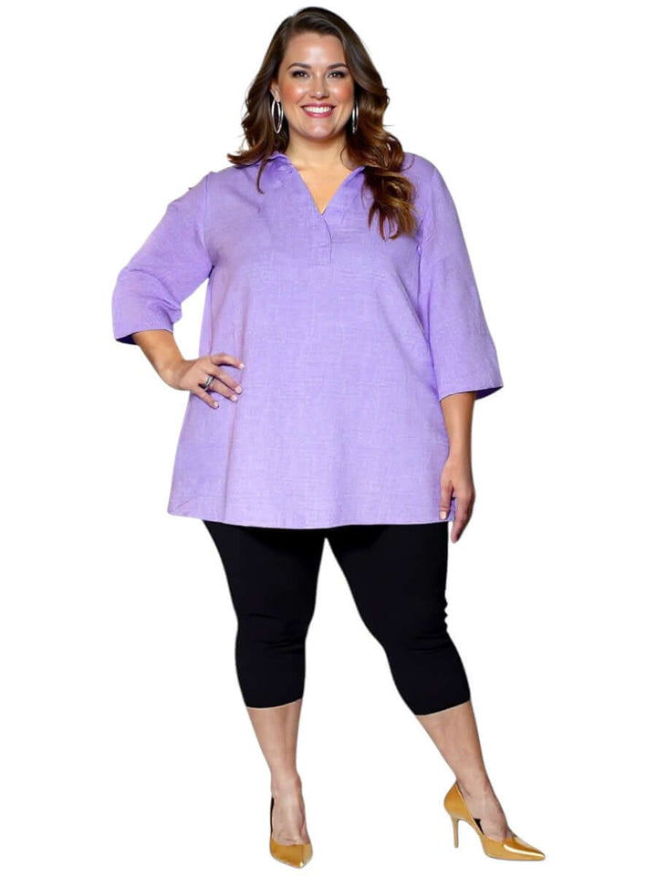 Plus size women's lilac Hunter Top by Dale and Waters, featuring a V-neckline and three-quarter sleeves for a stylish look.
