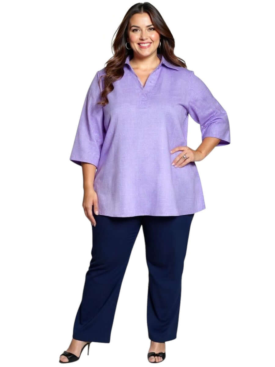 Dale and Waters Women's Plus Size Hunter Top in Lilac with V-neck and three-quarter sleeves, perfect for warm days.