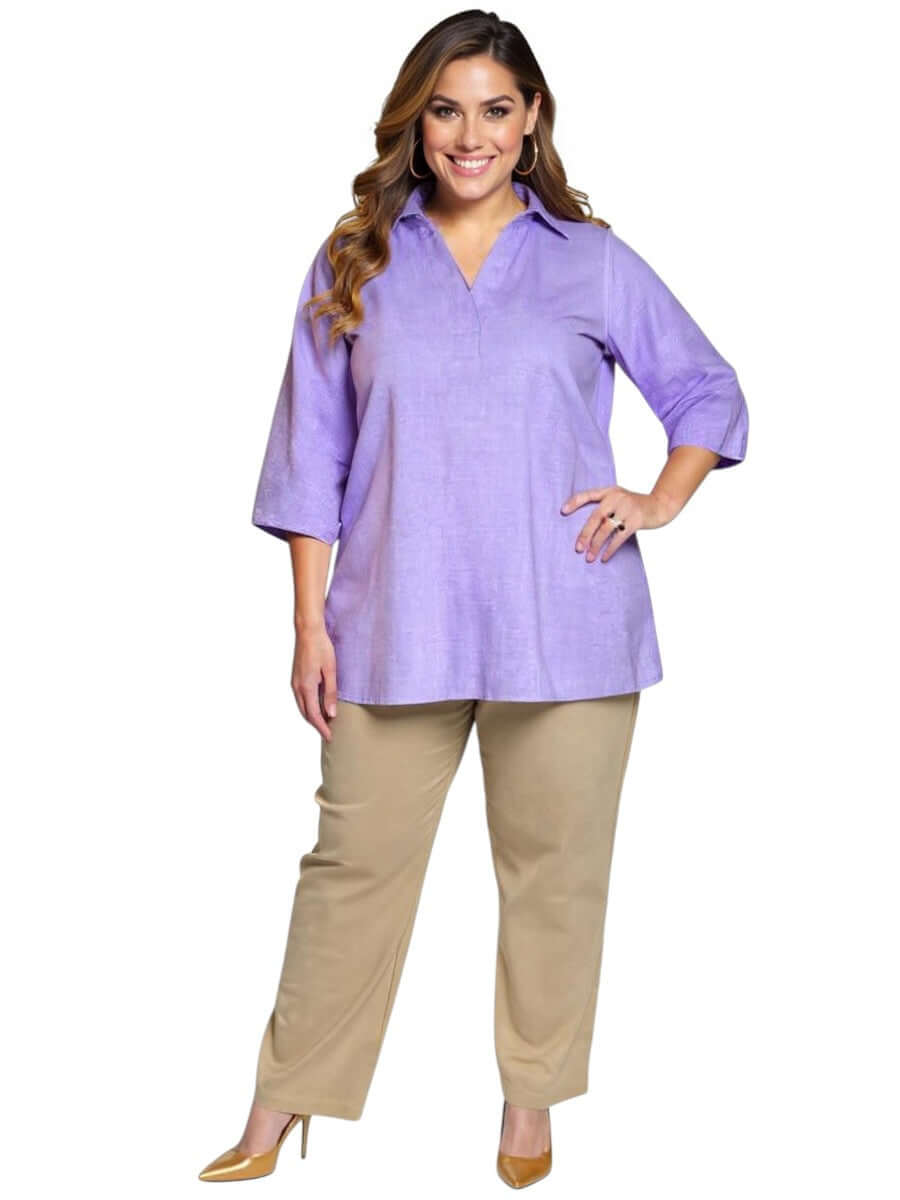 Women’s Plus Size Hunter Top in Lilac by Dale and Waters, featuring a V-neckline and three-quarter sleeves for comfort and style.