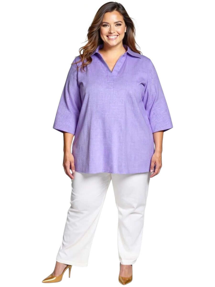 Plus size women's Hunter Top in lilac by Dale and Waters, featuring a V-neckline and three-quarter sleeves.