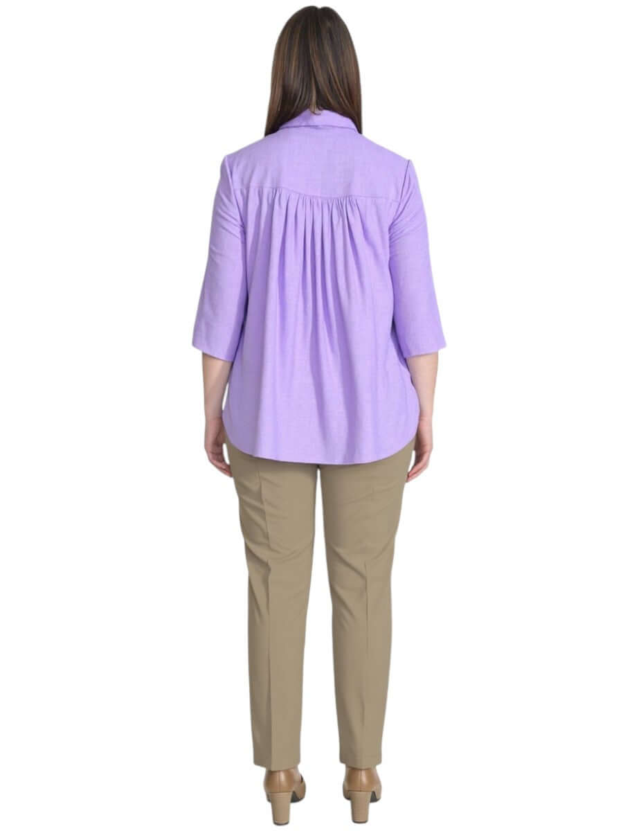 Back view of Dale and Waters women's plus size lilac Hunter Top featuring three-quarter sleeves and a relaxed fit.