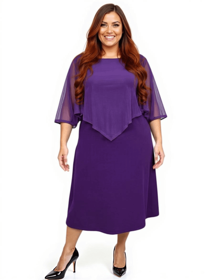 Plus size women wearing elegant sleeveless mulberry silk dress with shawl-style cape collar in deep purple in size 16 to 50