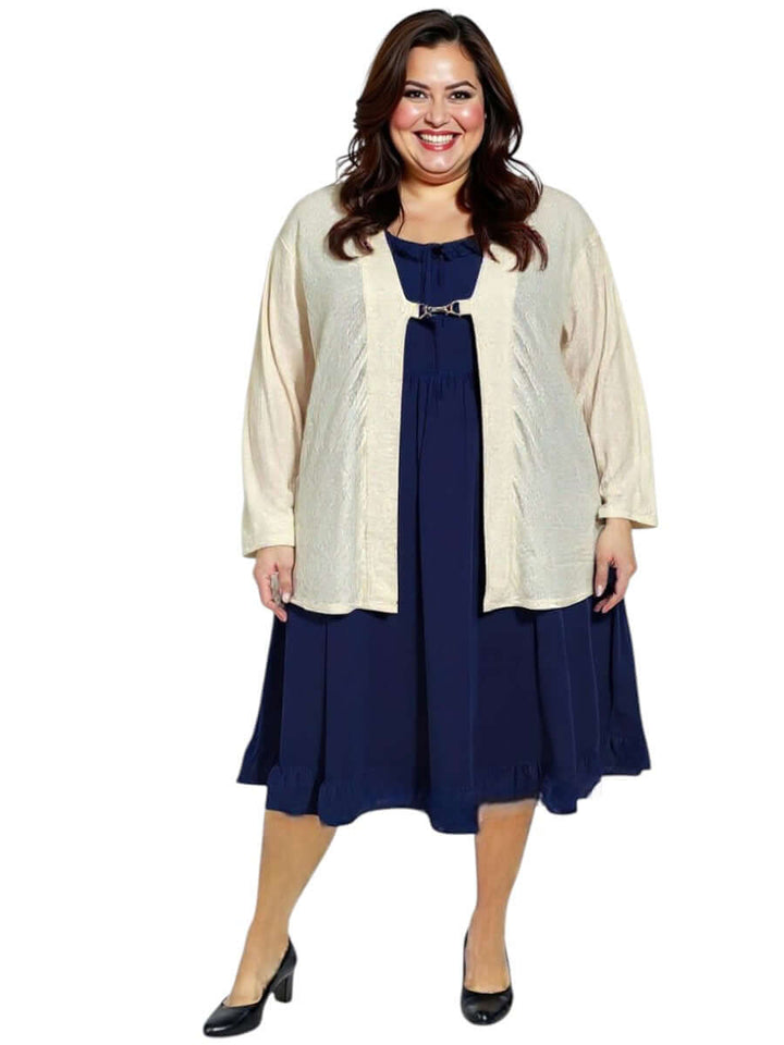 Plus size women's Mercedes E2E Cardi in stone, paired with a navy dress, showcasing stylish layering options.