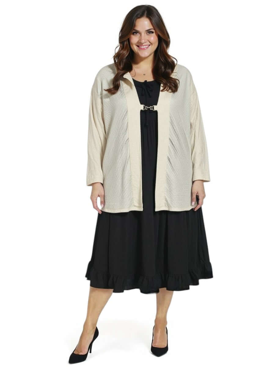 Women's plus size Mercedes E2E Cardi in Stone by Dale and Waters, featuring a textured knit design and long sleeves.