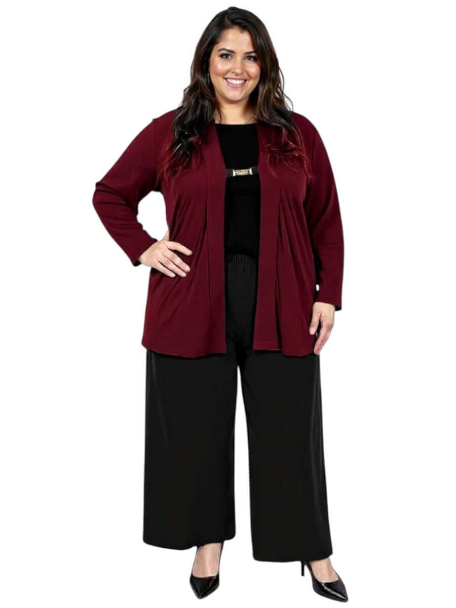 Women’s Plus Size Mercedes E2E Cardigan in wine, paired with black pants, showcasing a stylish edge-to-edge design.
