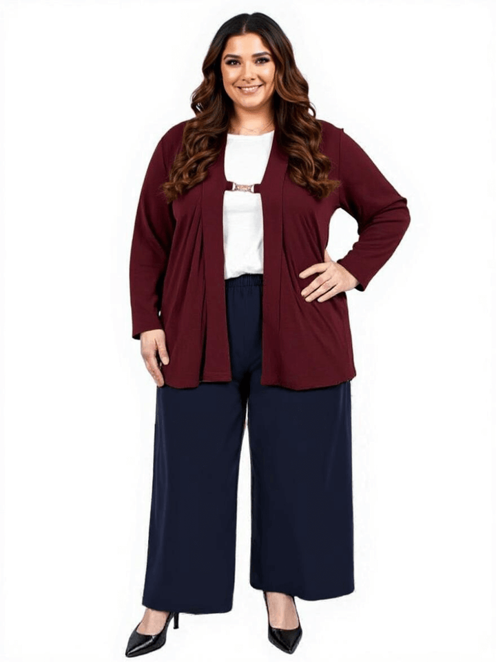 Plus size woman modeling a lightweight wine-colored Mercedes E2E cardigan with long sleeves and a stylish, relaxed fit.