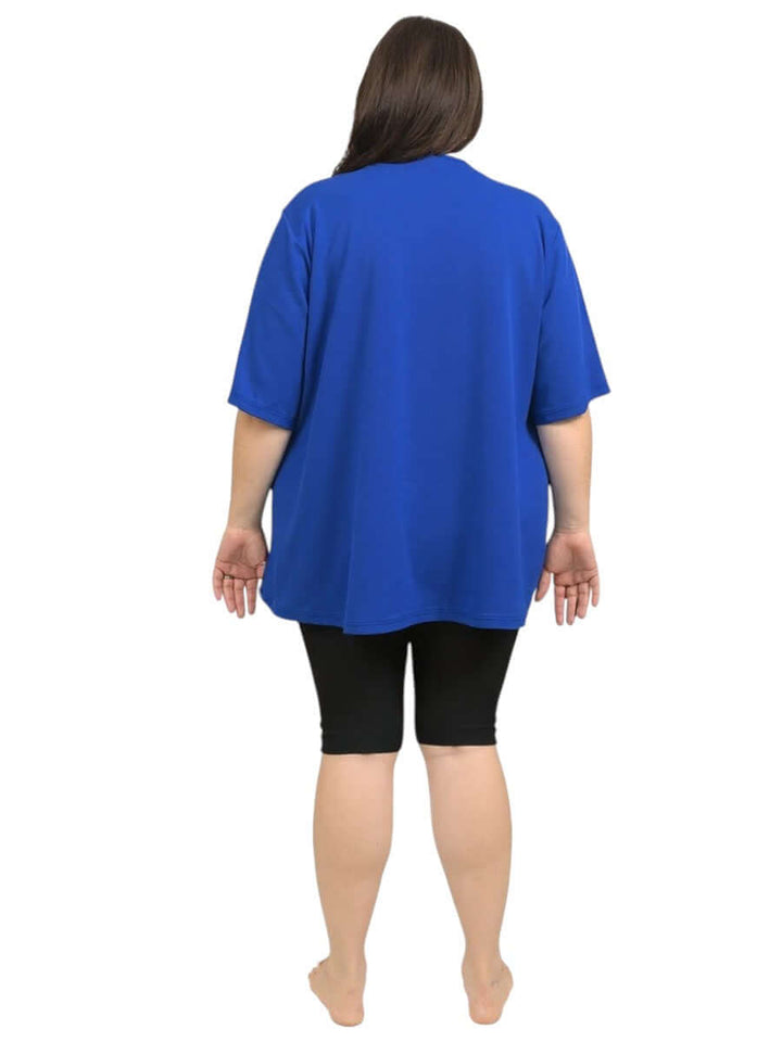 Back view of Women’s Plus Size Deep Sea Swim Rashi in navy, featuring relaxed fit and 3/4 sleeves by Dale and Waters.