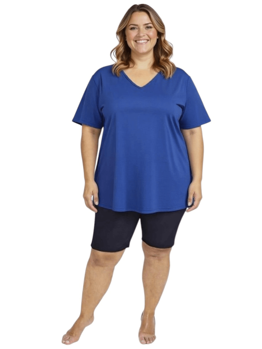 Women’s Plus Size Deep Sea Swim Rashi in blue with V-neck and 3/4 sleeves by Dale and Waters.