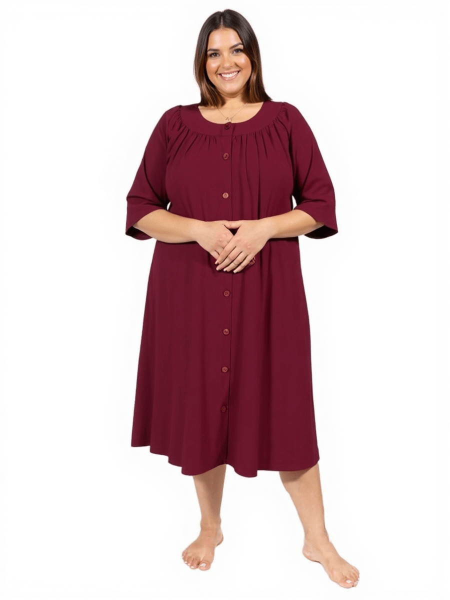 Women’s Plus Size Spring Dressing Gown in Wine by Dale and Waters, featuring a round neckline and button-through front.