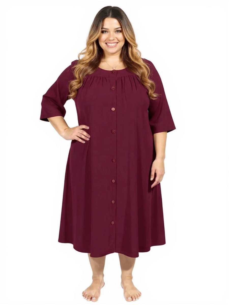 Women’s Plus Size Spring Dressing Gown in Wine by Dale and Waters, featuring round neckline and button-through front.