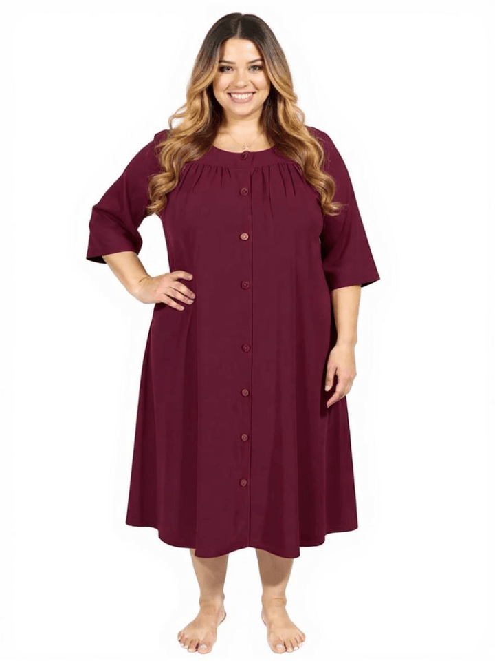 Women’s Plus Size Spring Dressing Gown in Wine by Dale and Waters, featuring round neckline and button-through front.