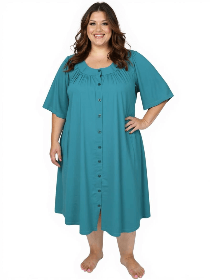 Women’s Plus Size Spring Dressing Gown in Teal by Dale and Waters, featuring ¾ sleeves, round neckline, and button-through front.