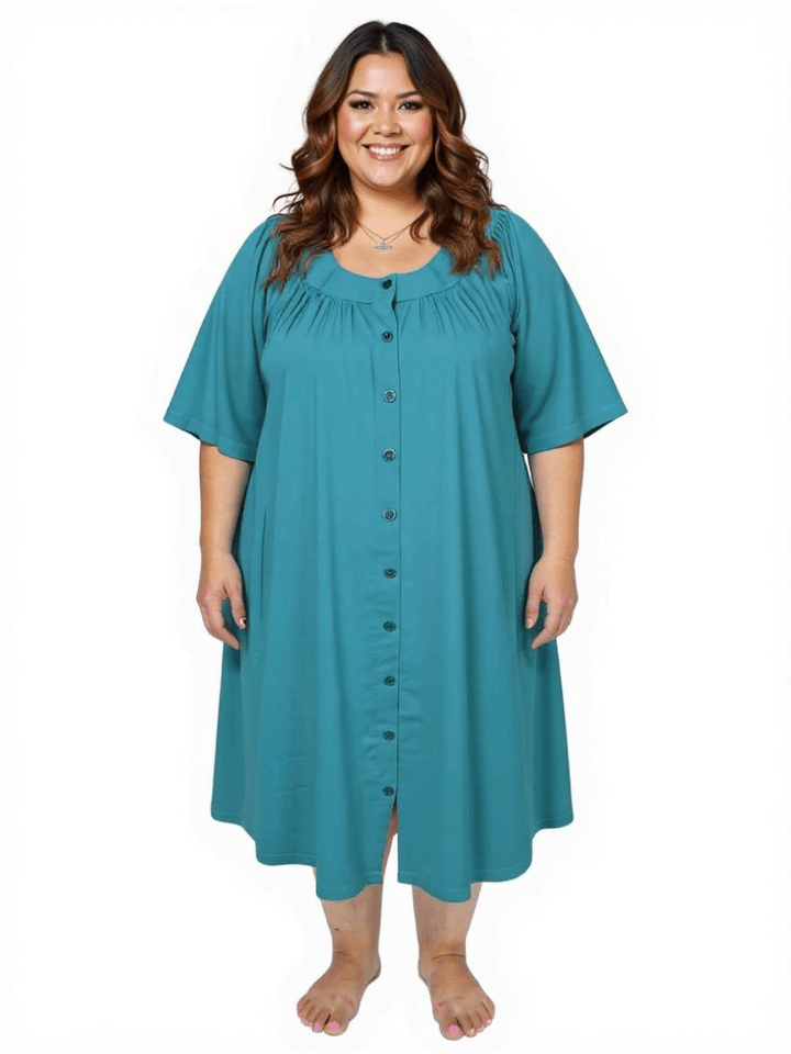 Women’s Plus Size Spring Dressing Gown in Teal by Dale and Waters, featuring a round neckline and button-through front.