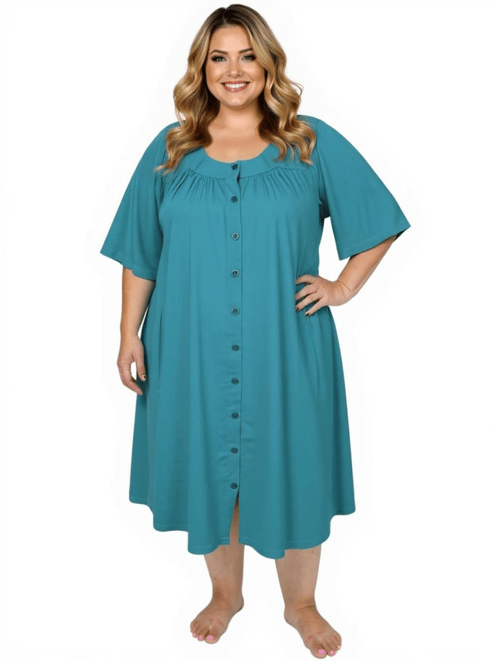 Plus size women's teal spring dressing gown featuring button-through front and wide sleeves by Dale and Waters.