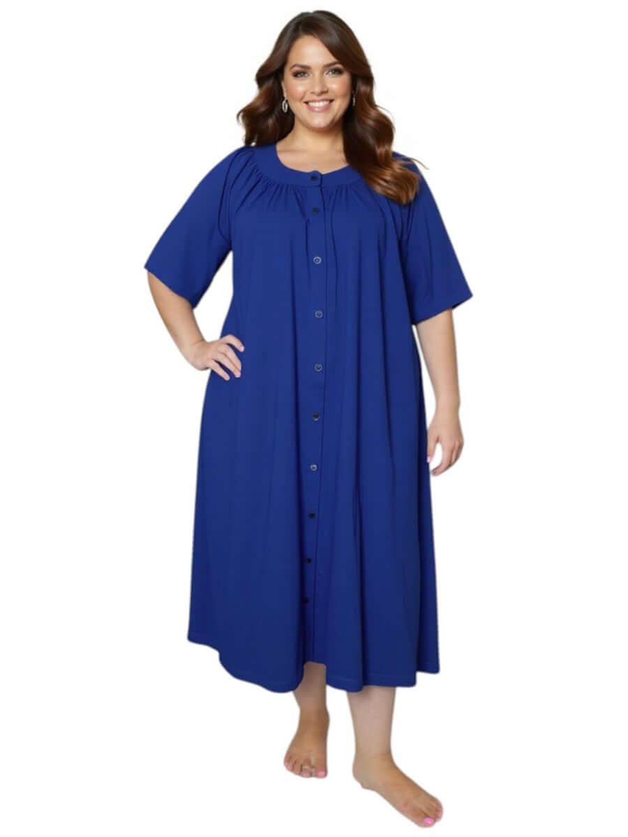Women’s Plus Size Spring Dressing Gown – Navy by Dale and Waters, featuring button-through front and soft pleats for comfort.