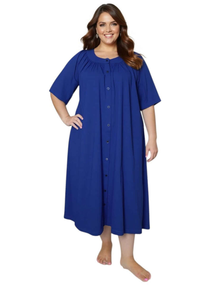 Women’s Plus Size Spring Dressing Gown – Navy by Dale and Waters, featuring button-through front and soft pleats for comfort.