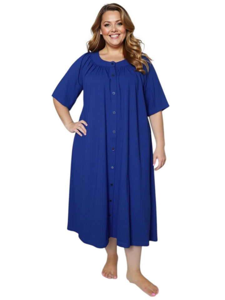 Women’s Plus Size Spring Dressing Gown – Navy by Dale and Waters, featuring a button-through front and ¾ sleeves for comfort.