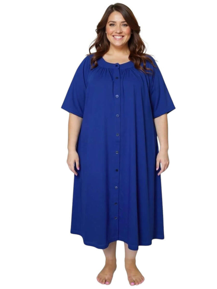 Women’s Plus Size Spring Dressing Gown in Navy by Dale and Waters, featuring a button-through front and ¾ sleeves.