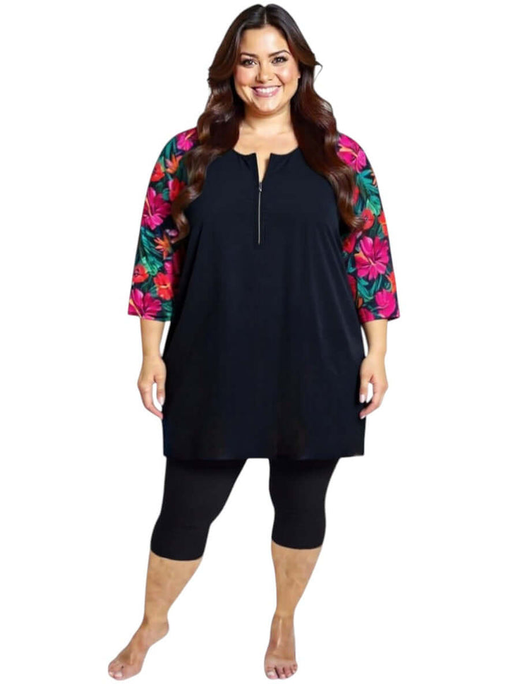 Hibiscus Bloom Tunic Swim Rashi - Black Print on plus-size model, perfect for women size 16-50 by Dale & Waters.