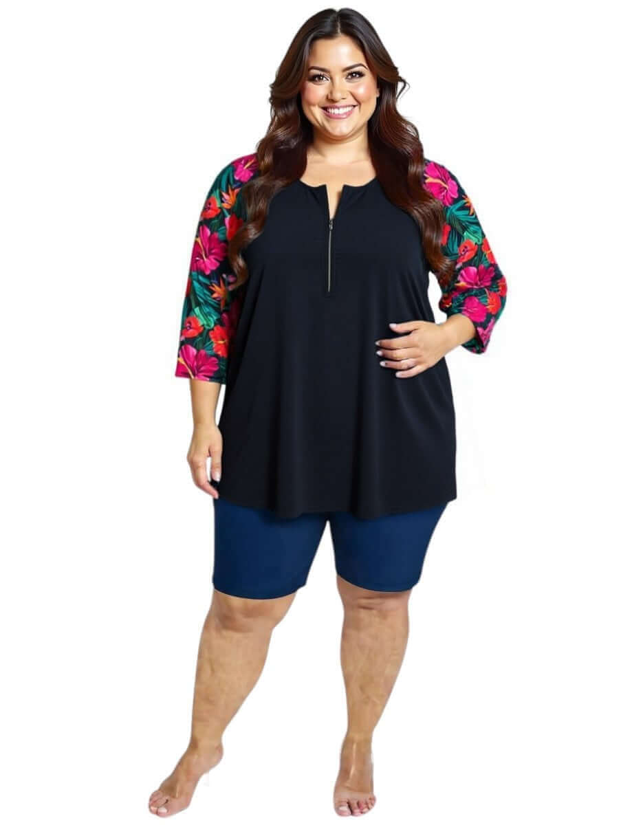 Hibiscus Bloom Tunic Swim Rashi - Black Print for plus size women, size 16-50, featuring vibrant floral sleeves.