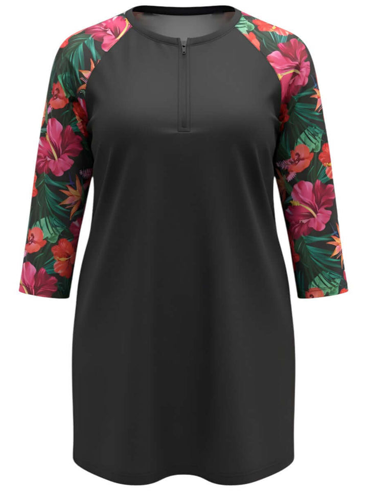 Hibiscus Bloom Tunic Swim Rashi - Black Print for plus size women, size 16-50, stylish and comfortable swimwear.