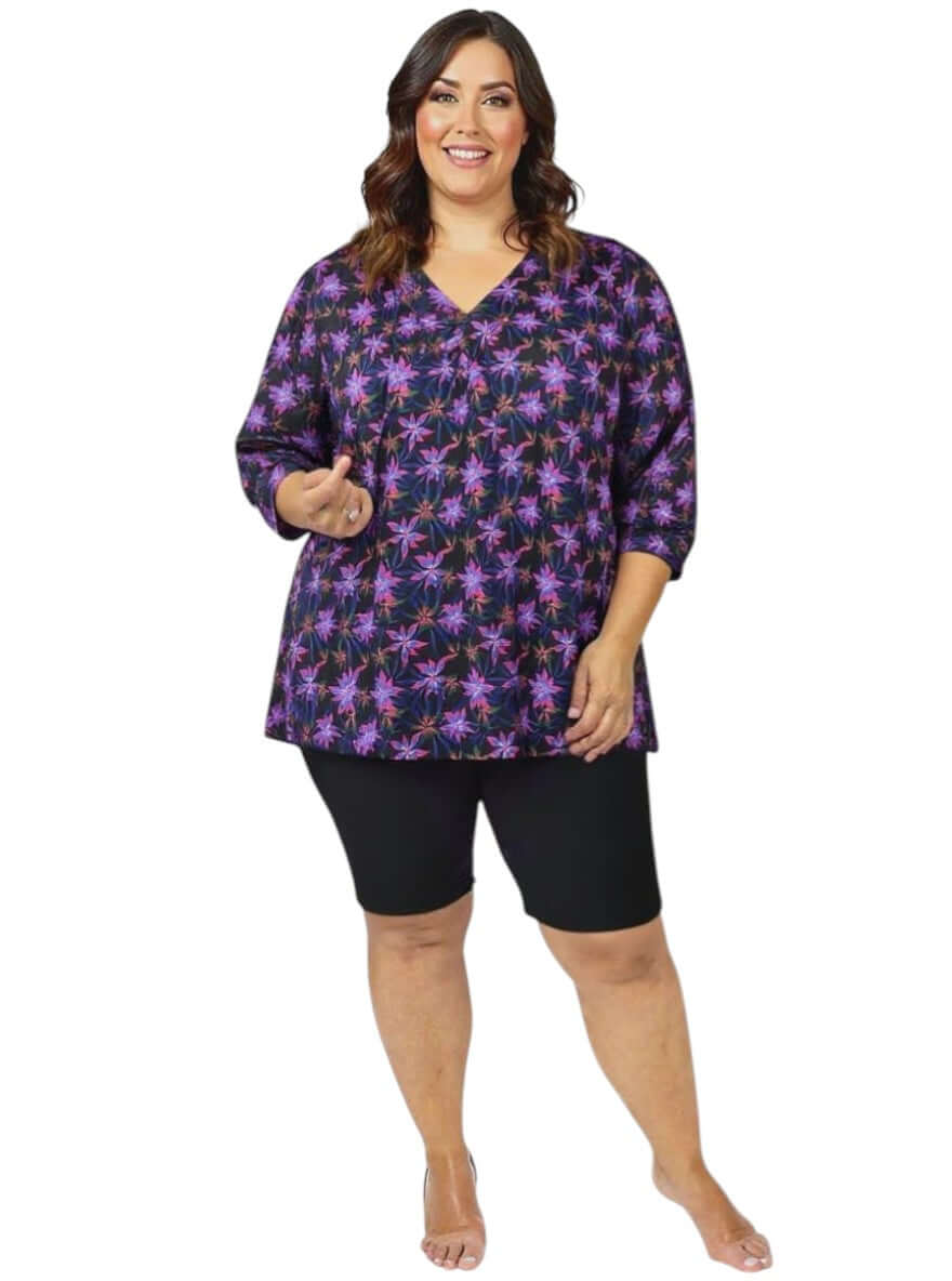 Moonlit Flora Swim Rashi - Black Print, plus size women's swimwear, size 16-50, flattering fit, stylish comfort by Dale & Waters.
