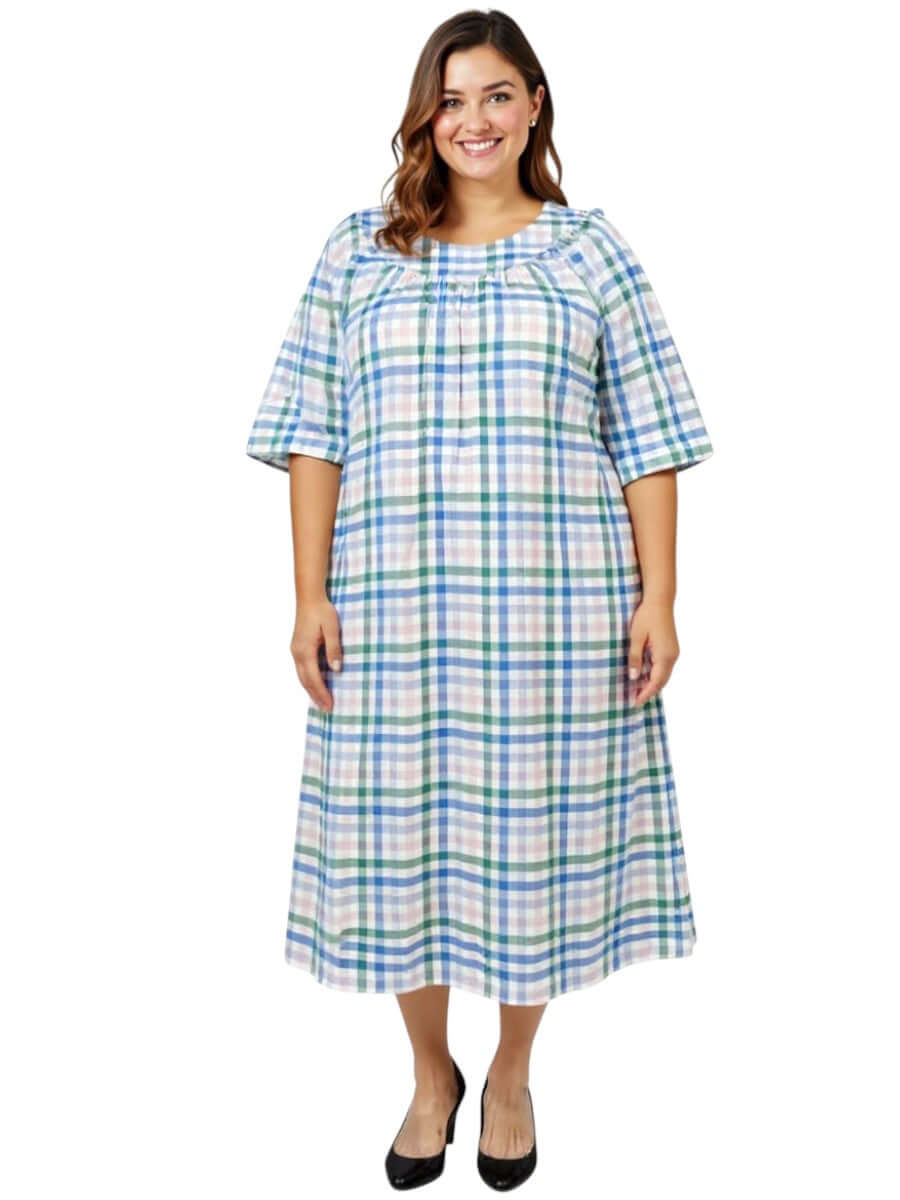 Women’s Plus Size Parish Seersucker Dress - Blue Print in a relaxed fit, perfect for summer comfort and style.