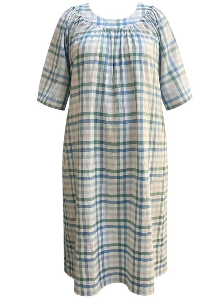Parish Seersucker Dress - Blue Print. Plus size women’s dress in breathable cotton, perfect for summer style. Sizes 16-50.