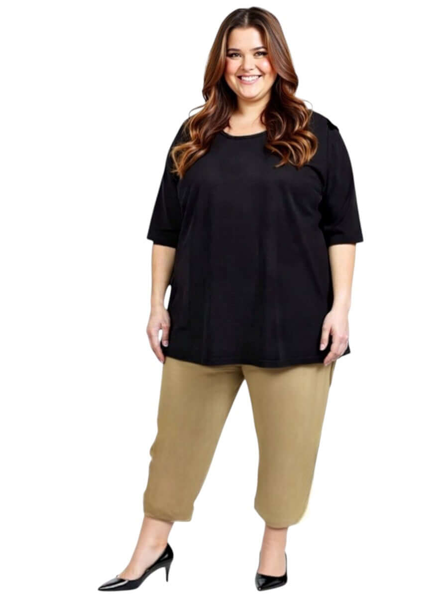 Plus size woman modeling Love Is In The Air Pants - Coco Truffle in soft cotton blend, perfect for summer style.