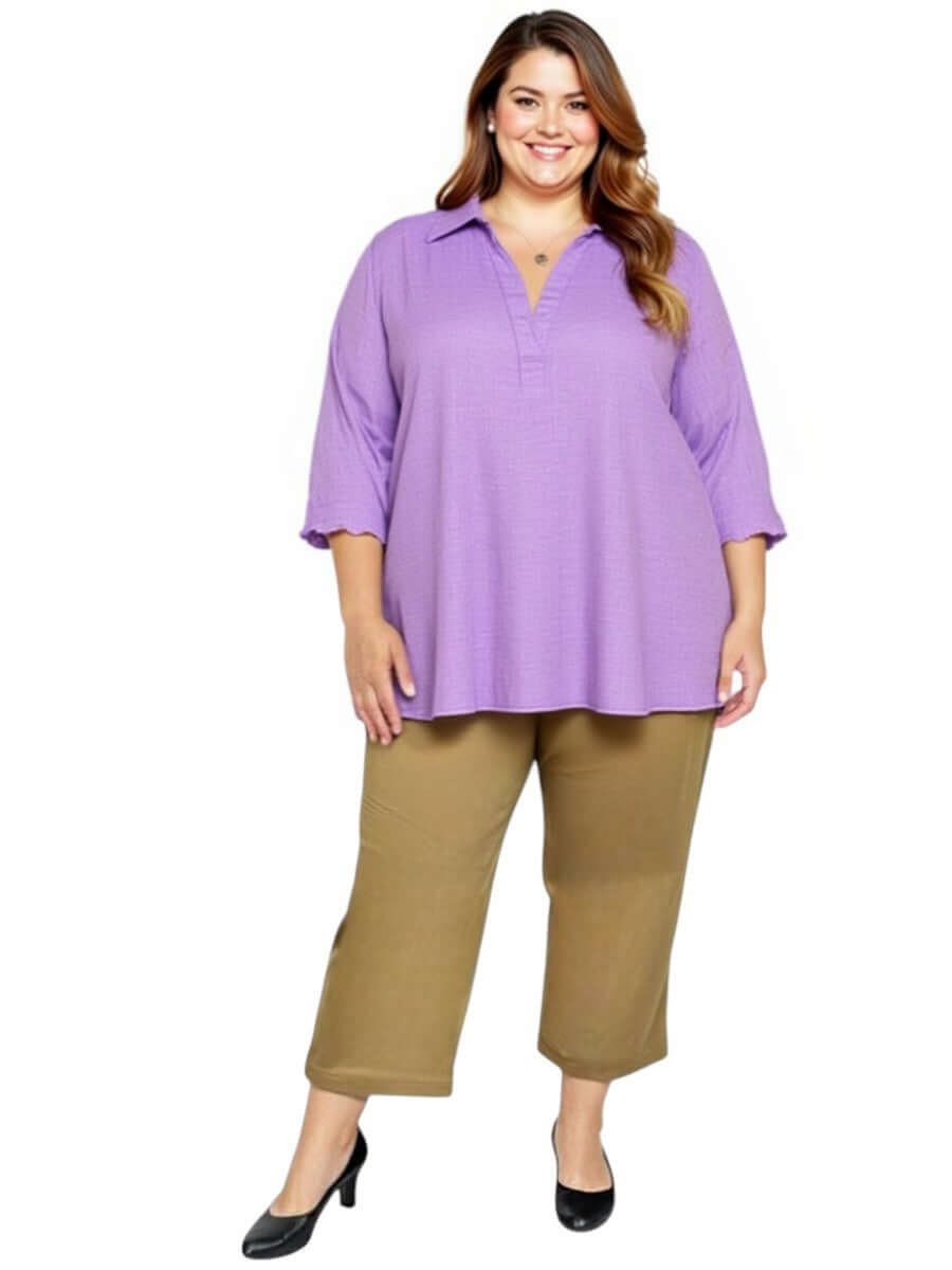 Women in plus size Love Is In The Air Pants - Coco Truffle and a purple top, size 16-50, by Dale & Waters.