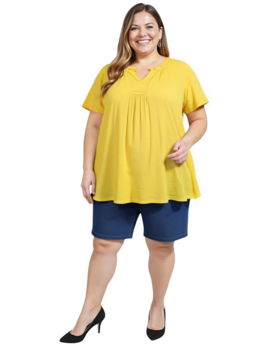 Women in yellow top and denim shorts - Denim, plus size 16-50, by Dale & Waters, stylish and comfortable.