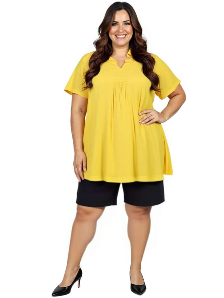 Women wearing Denim Shorts - Black with a yellow top, showcasing plus size fashion and everyday comfort.